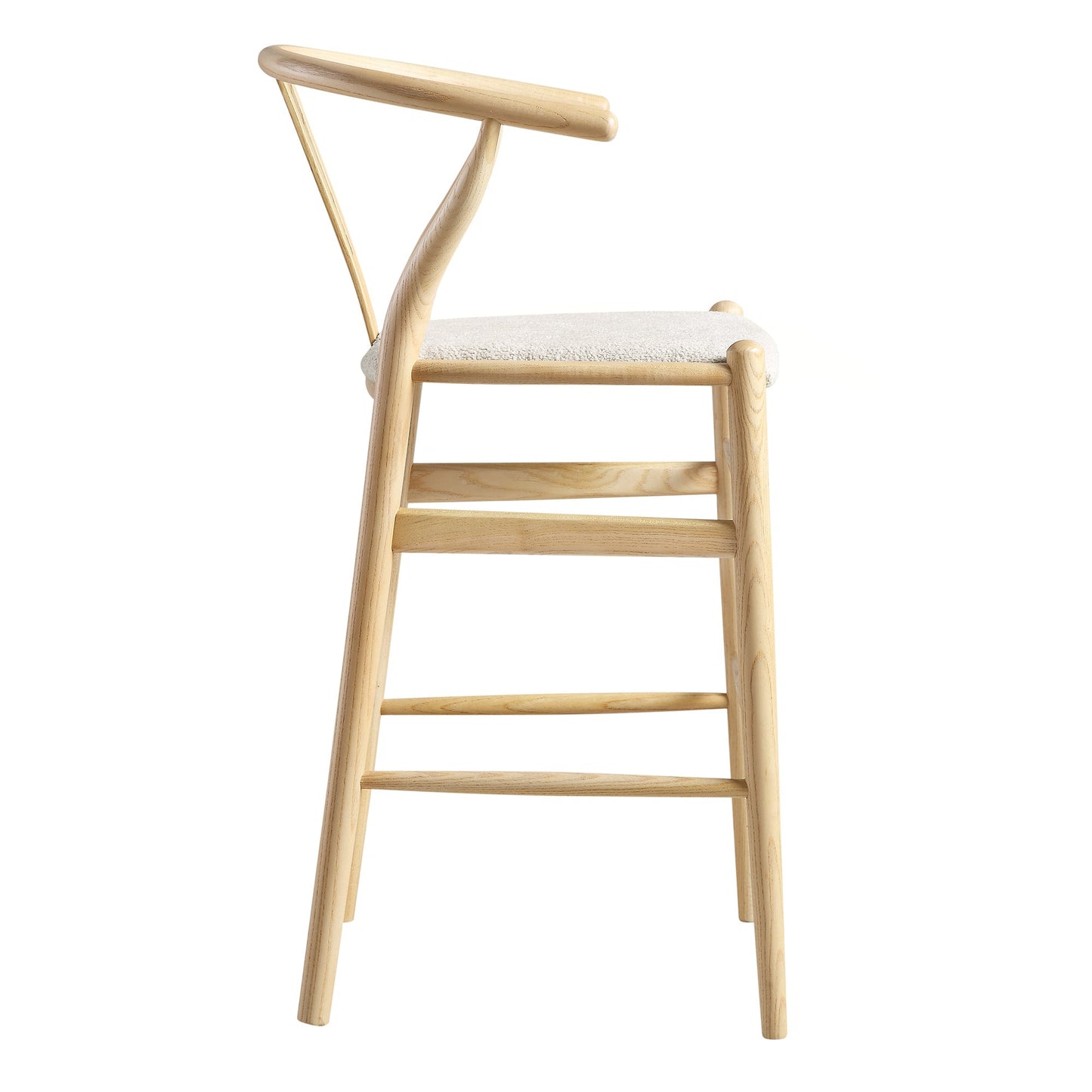 Tabouret de bar rembourré Hansel Wishbone, boucle blanc ivoire et cadre naturel