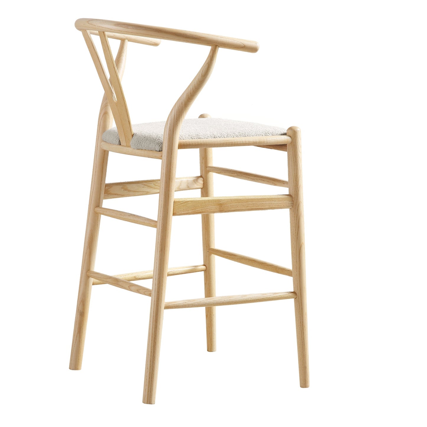 Tabouret de bar rembourré Hansel Wishbone, boucle blanc ivoire et cadre naturel