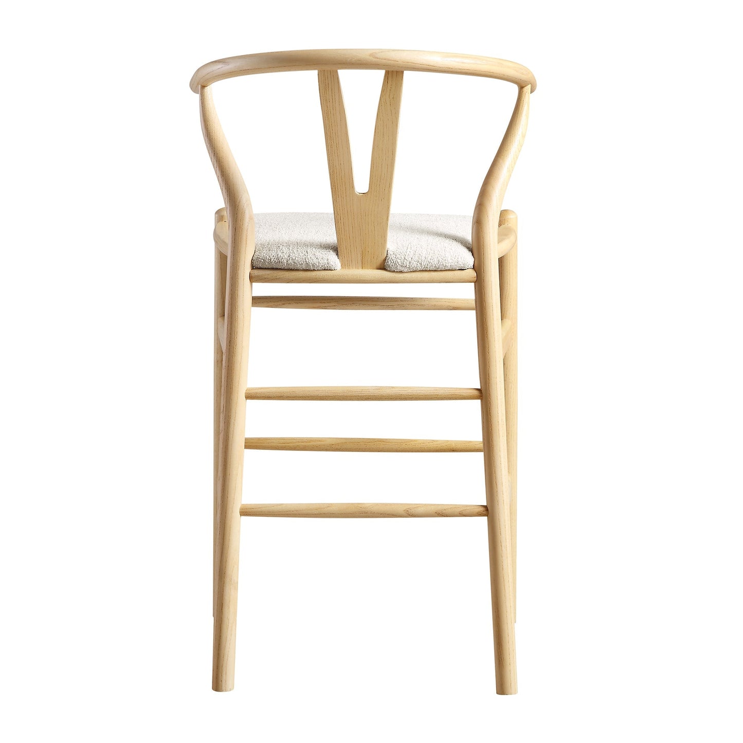 Tabouret de bar rembourré Hansel Wishbone, boucle blanc ivoire et cadre naturel