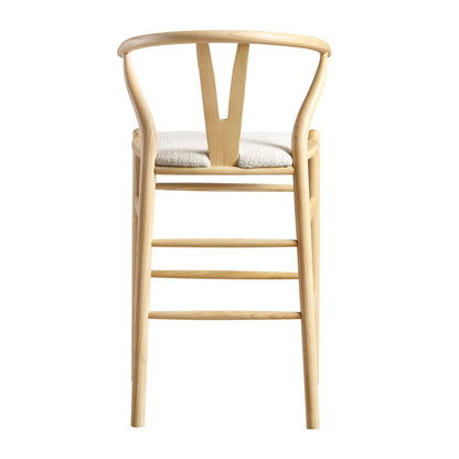 Tabouret de bar rembourré Hansel Wishbone, boucle blanc ivoire et cadre naturel