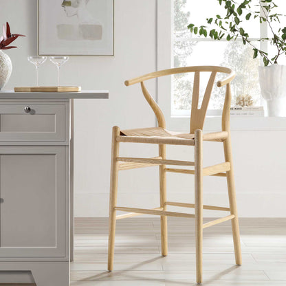 Tabouret de bar Hansel en bois tressé naturel, structure naturelle
