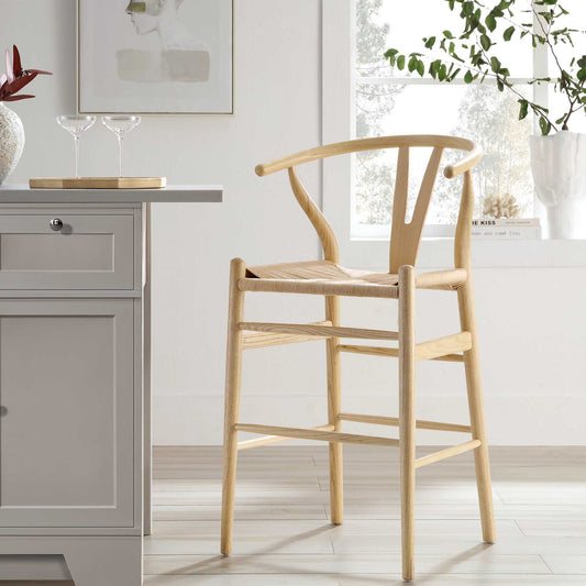 Tabouret de bar Hansel en bois tressé naturel, structure naturelle