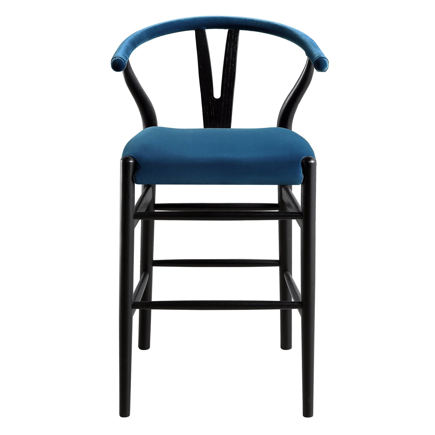 Tabouret de bar rembourré Hansel Wishbone, velours bleu et cadre noir