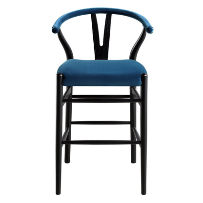Tabouret de bar rembourré Hansel Wishbone, velours bleu et cadre noir