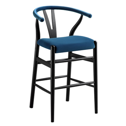 Tabouret de bar rembourré Hansel Wishbone, velours bleu et cadre noir