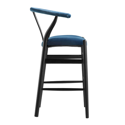 Tabouret de bar rembourré Hansel Wishbone, velours bleu et cadre noir