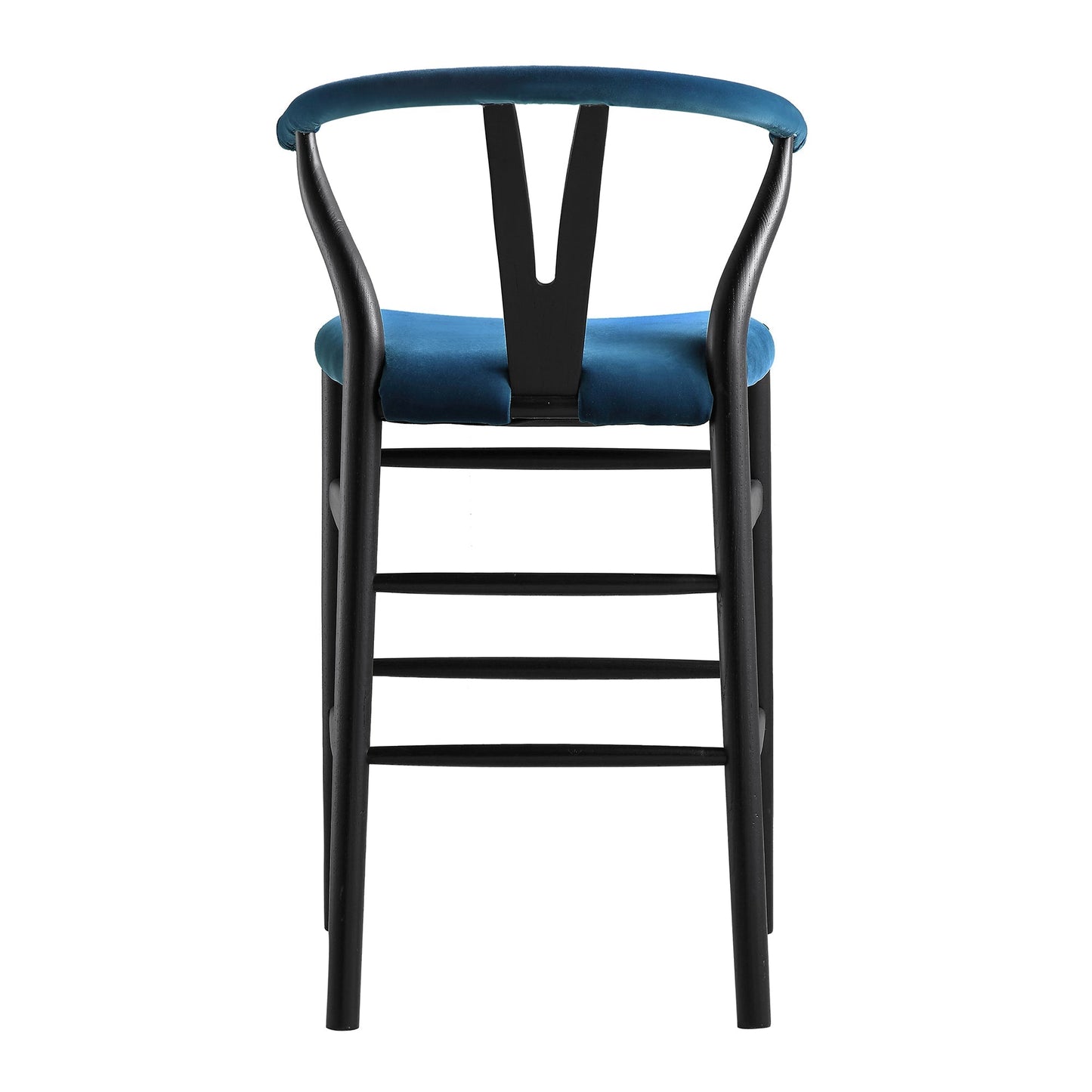 Tabouret de bar rembourré Hansel Wishbone, velours bleu et cadre noir