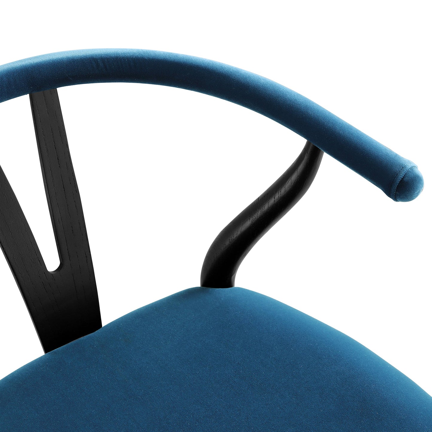 Tabouret de bar rembourré Hansel Wishbone, velours bleu et cadre noir