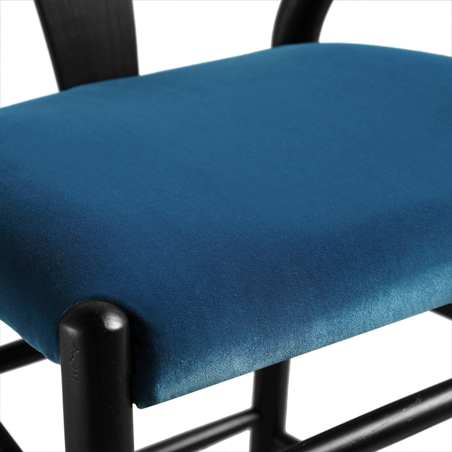 Tabouret de bar rembourré Hansel Wishbone, velours bleu et cadre noir