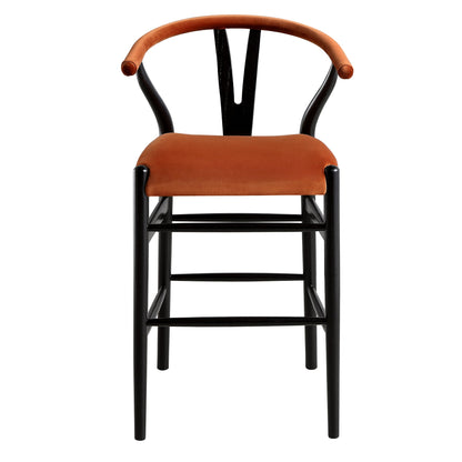 Tabouret de bar rembourré Hansel Wishbone, velours rouille et cadre noir