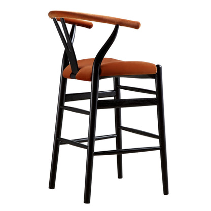 Tabouret de bar rembourré Hansel Wishbone, velours rouille et cadre noir