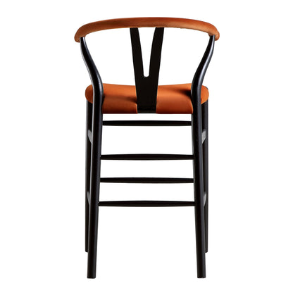 Tabouret de bar rembourré Hansel Wishbone, velours rouille et cadre noir