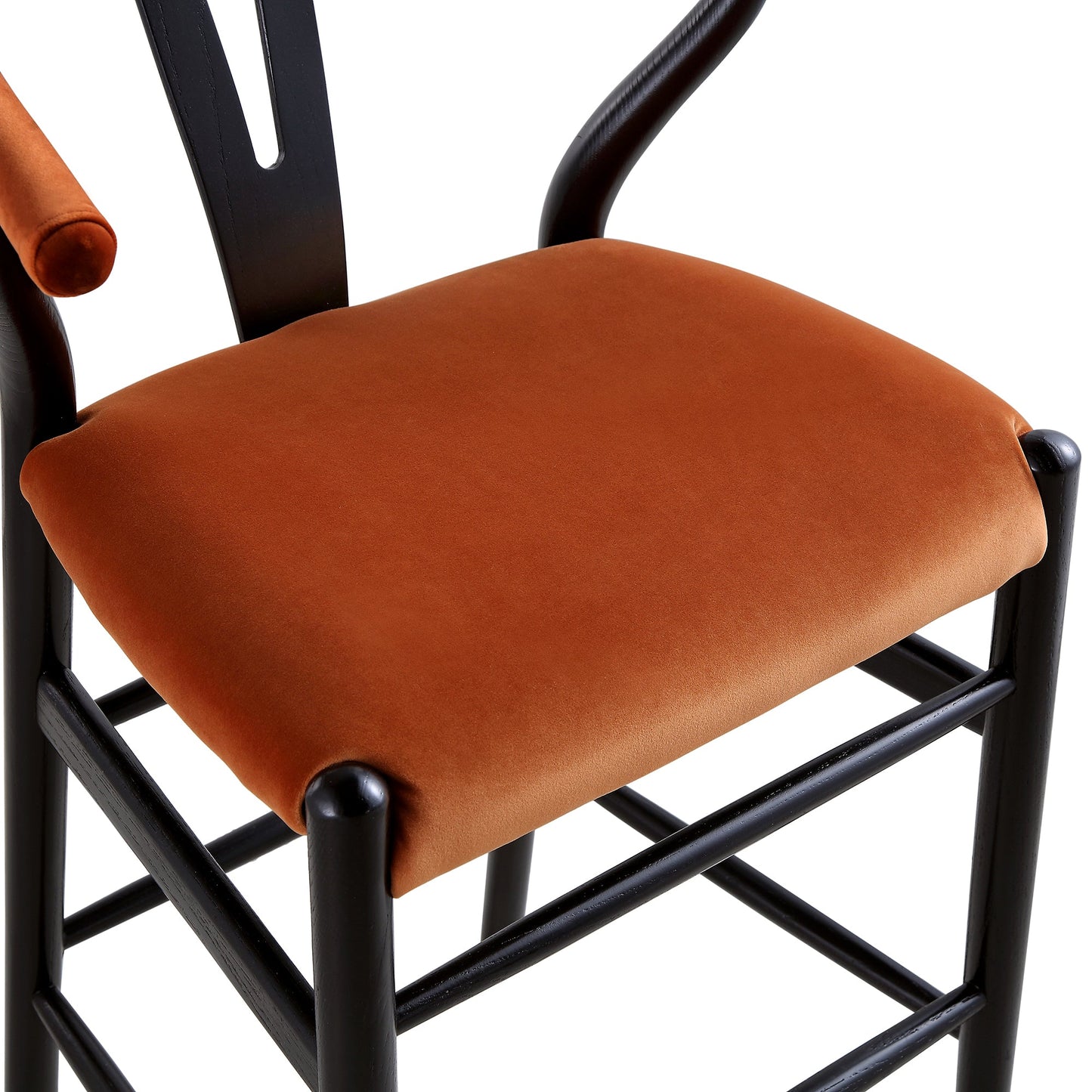 Tabouret de bar rembourré Hansel Wishbone, velours rouille et cadre noir