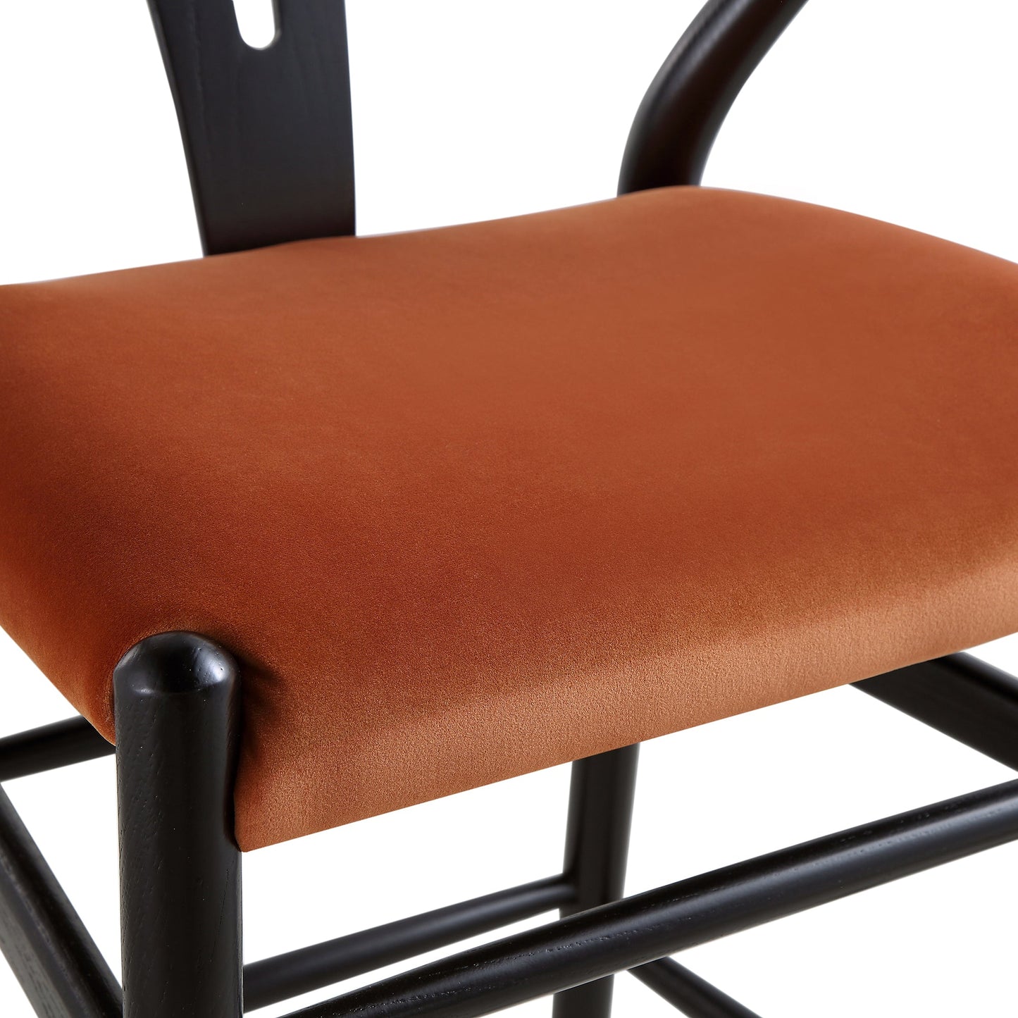 Tabouret de bar rembourré Hansel Wishbone, velours rouille et cadre noir