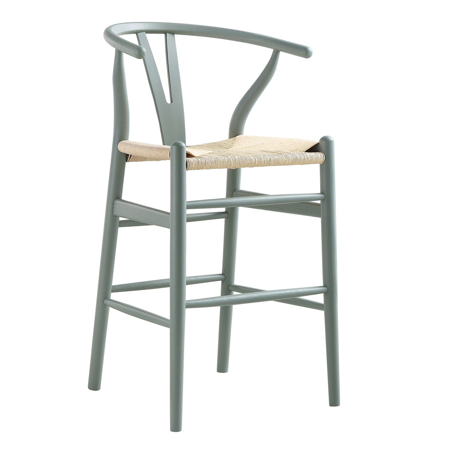 Tabouret de bar Hansel en bois tressé naturel, structure vert sauge