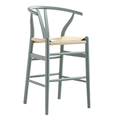 Tabouret de bar Hansel en bois tressé naturel, structure vert sauge