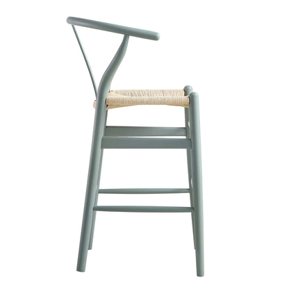 Tabouret de bar Hansel en bois tressé naturel, structure vert sauge