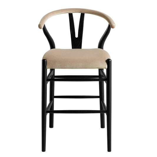 Tabouret de bar rembourré Hansel Wishbone, velours taupe et cadre noir