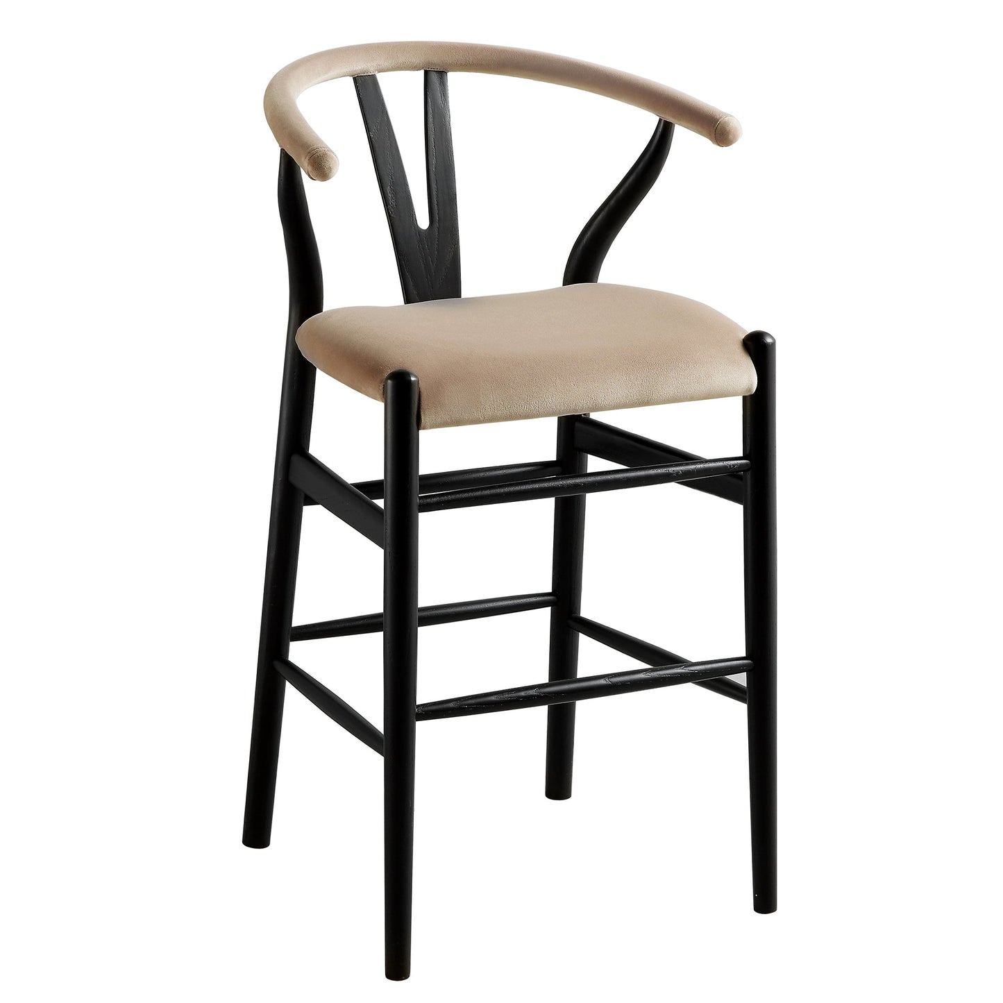 Tabouret de bar rembourré Hansel Wishbone, velours taupe et cadre noir