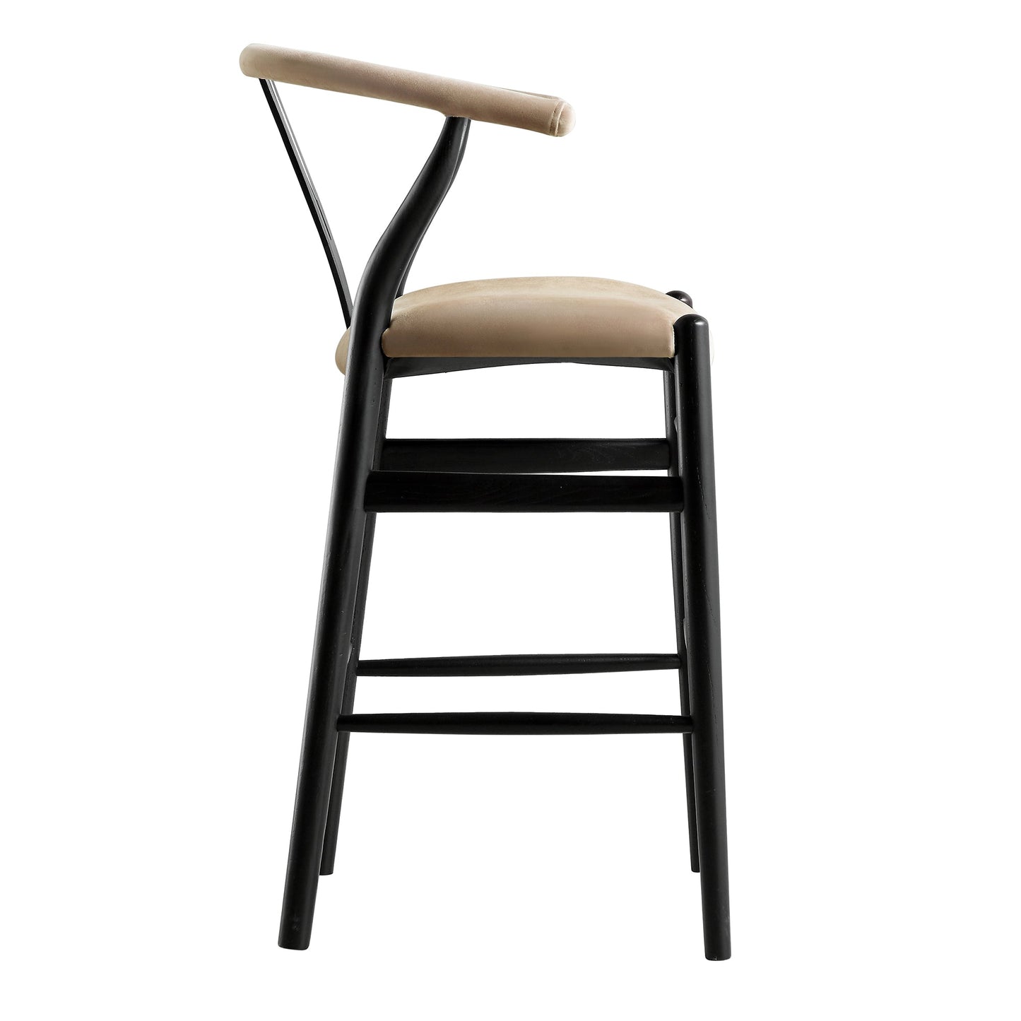 Tabouret de bar rembourré Hansel Wishbone, velours taupe et cadre noir