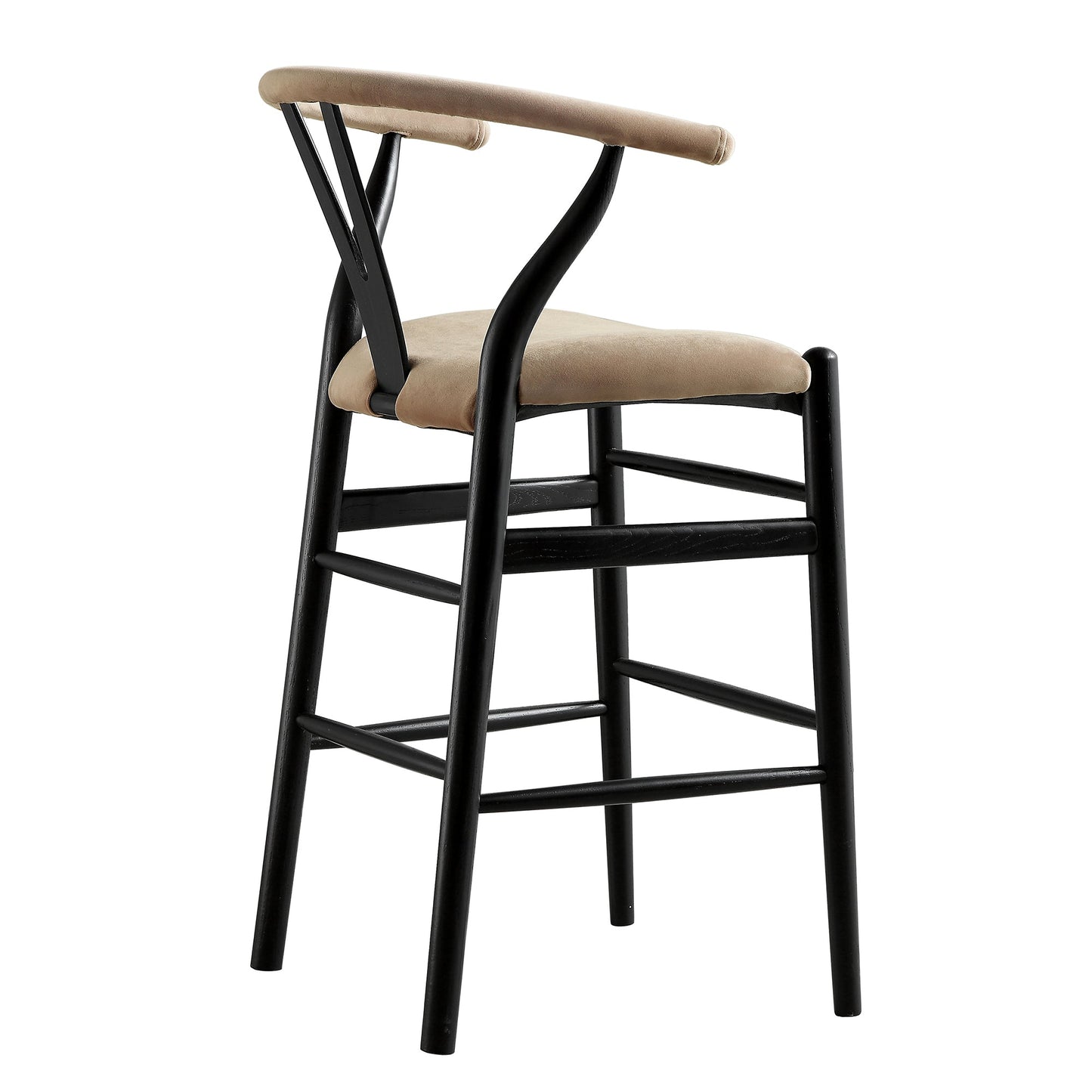 Tabouret de bar rembourré Hansel Wishbone, velours taupe et cadre noir