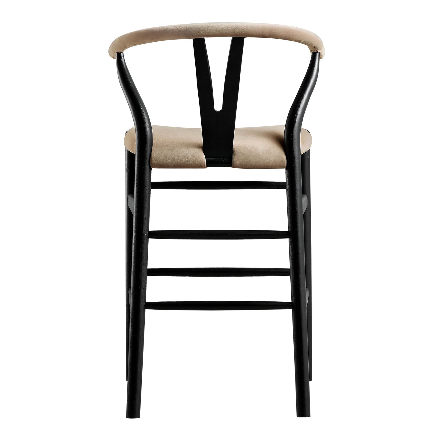 Tabouret de bar rembourré Hansel Wishbone, velours taupe et cadre noir