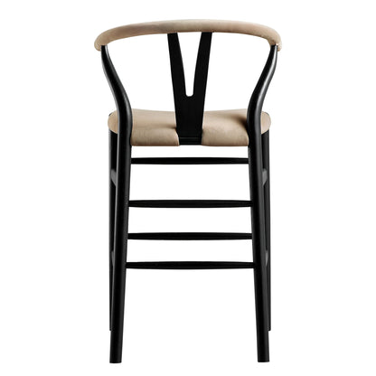 Tabouret de bar rembourré Hansel Wishbone, velours taupe et cadre noir