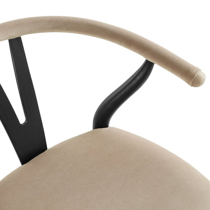 Tabouret de bar rembourré Hansel Wishbone, velours taupe et cadre noir