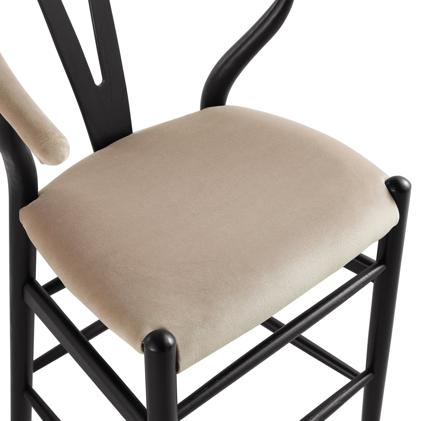 Tabouret de bar rembourré Hansel Wishbone, velours taupe et cadre noir