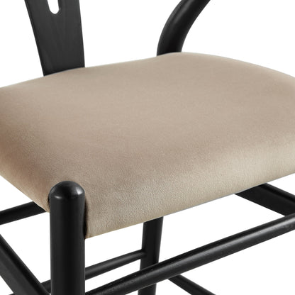 Tabouret de bar rembourré Hansel Wishbone, velours taupe et cadre noir