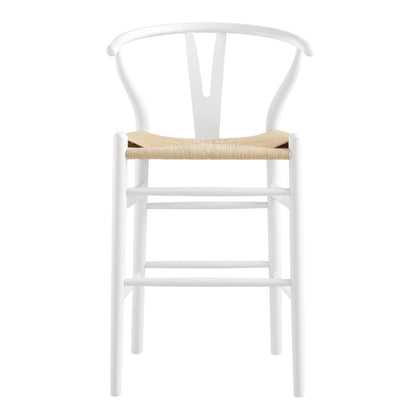 Tabouret de bar Hansel en bois tressé naturel, structure blanche