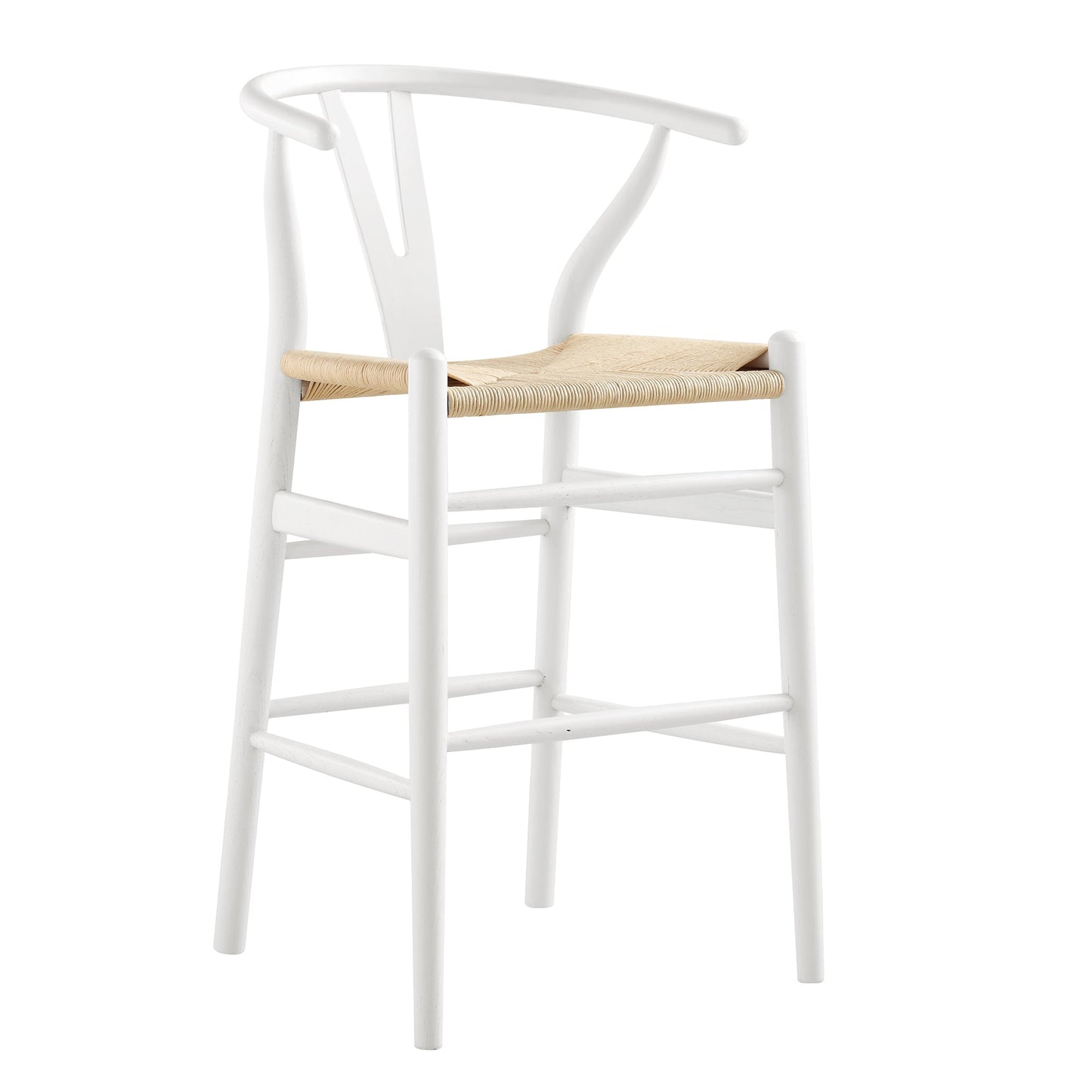Tabouret de bar Hansel en bois tressé naturel, structure blanche