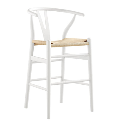 Tabouret de bar Hansel en bois tressé naturel, structure blanche