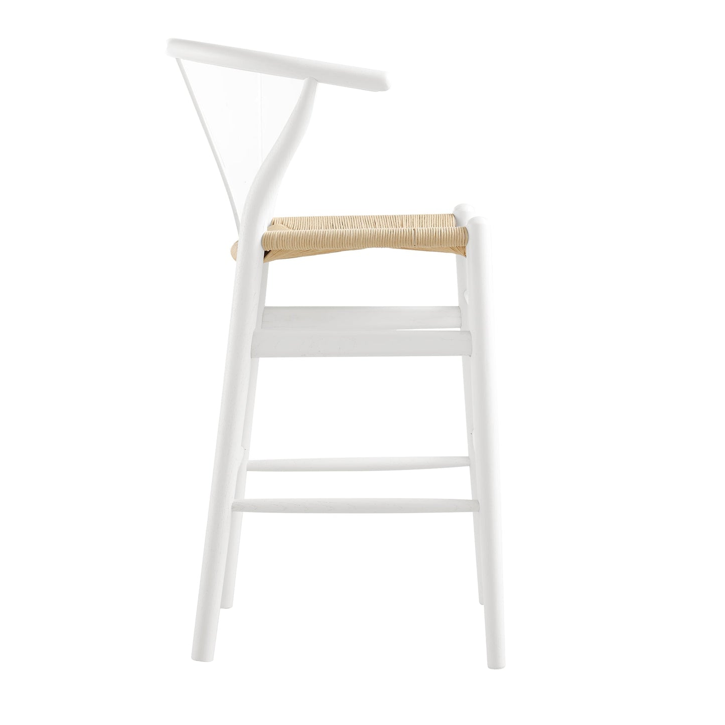 Tabouret de bar Hansel en bois tressé naturel, structure blanche