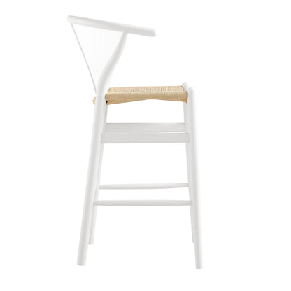 Tabouret de bar Hansel en bois tressé naturel, structure blanche