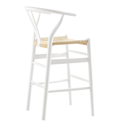 Tabouret de bar Hansel en bois tressé naturel, structure blanche