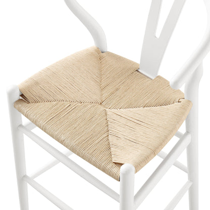 Tabouret de bar Hansel en bois tressé naturel, structure blanche