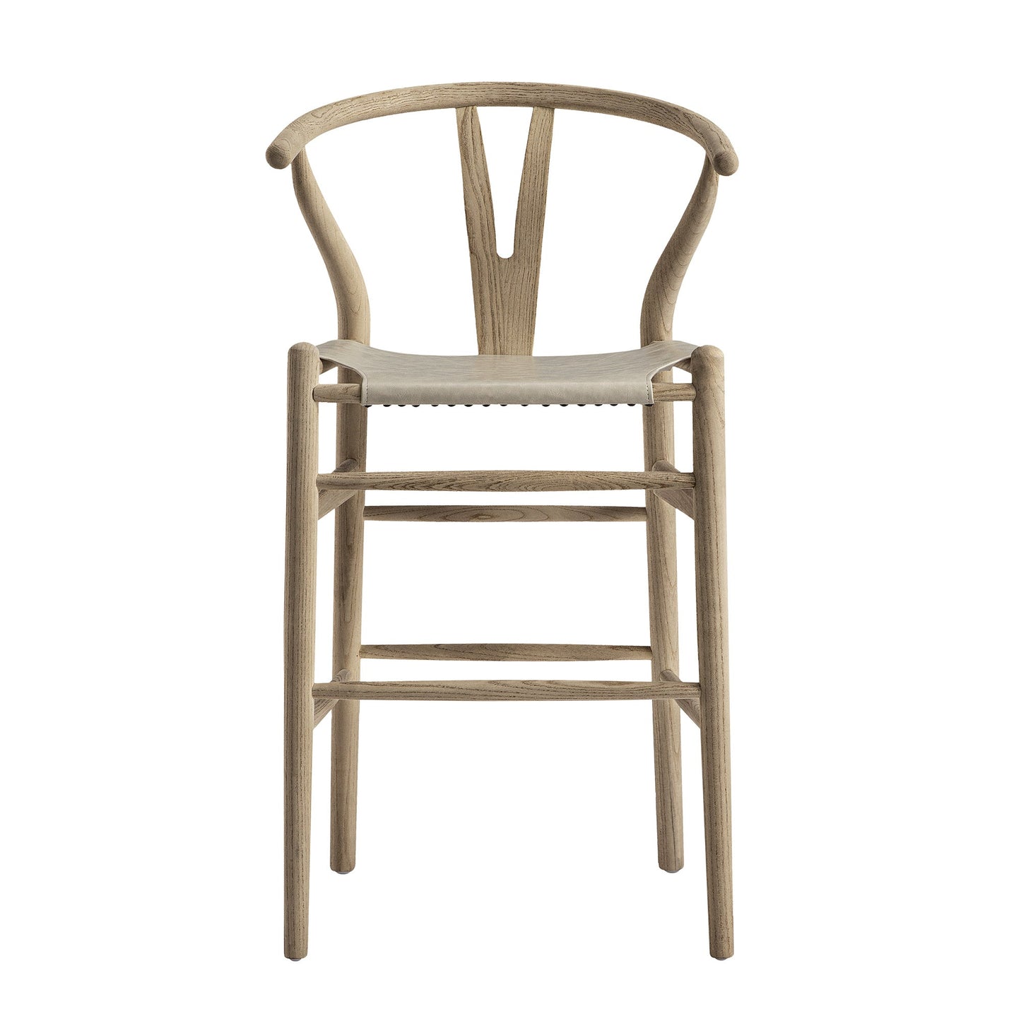Tabouret de bar Hansel, structure en orme patiné et assise en similicuir gris clair