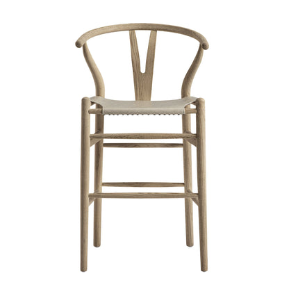 Tabouret de bar Hansel, structure en orme patiné et assise en similicuir gris clair