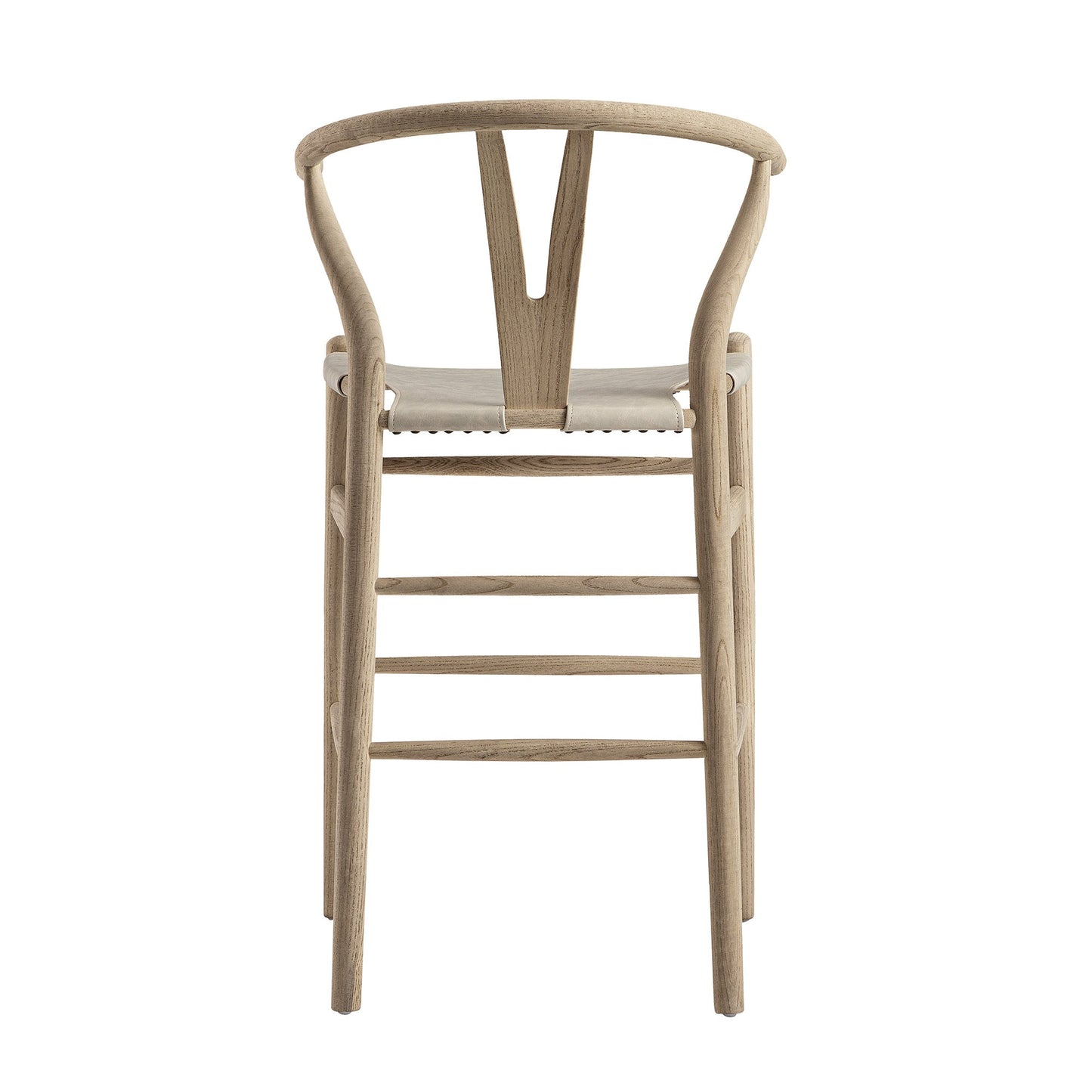 Tabouret de bar Hansel, structure en orme patiné et assise en similicuir gris clair