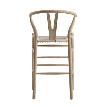 Tabouret de bar Hansel, structure en orme patiné et assise en similicuir gris clair