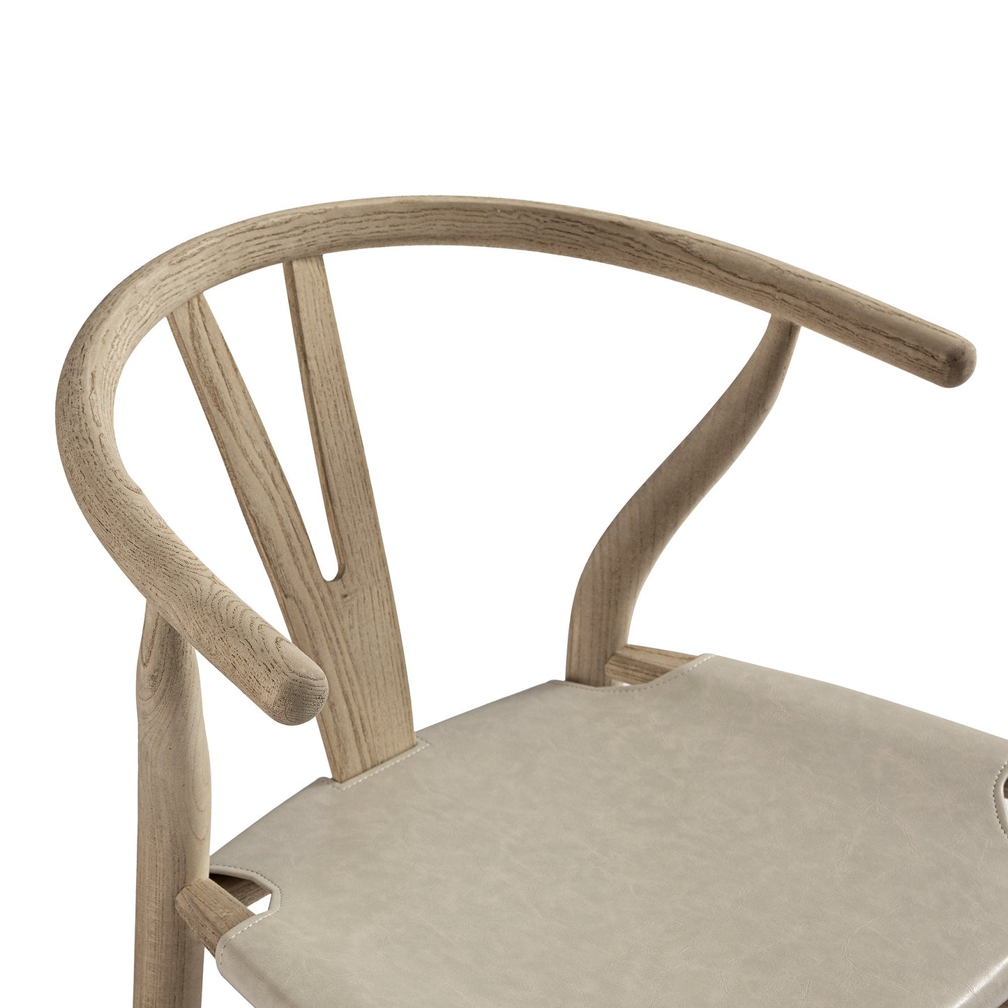 Tabouret de bar Hansel, structure en orme patiné et assise en similicuir gris clair