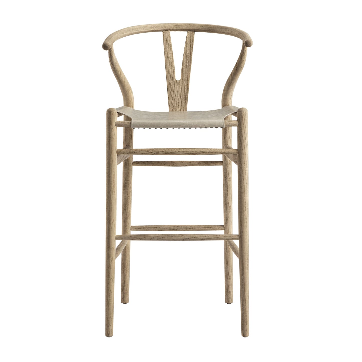 Tabouret de bar Hansel, structure en orme patiné et assise en similicuir gris clair