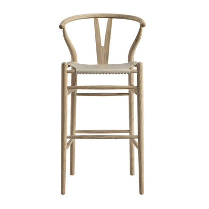 Tabouret de bar Hansel, structure en orme patiné et assise en similicuir gris clair