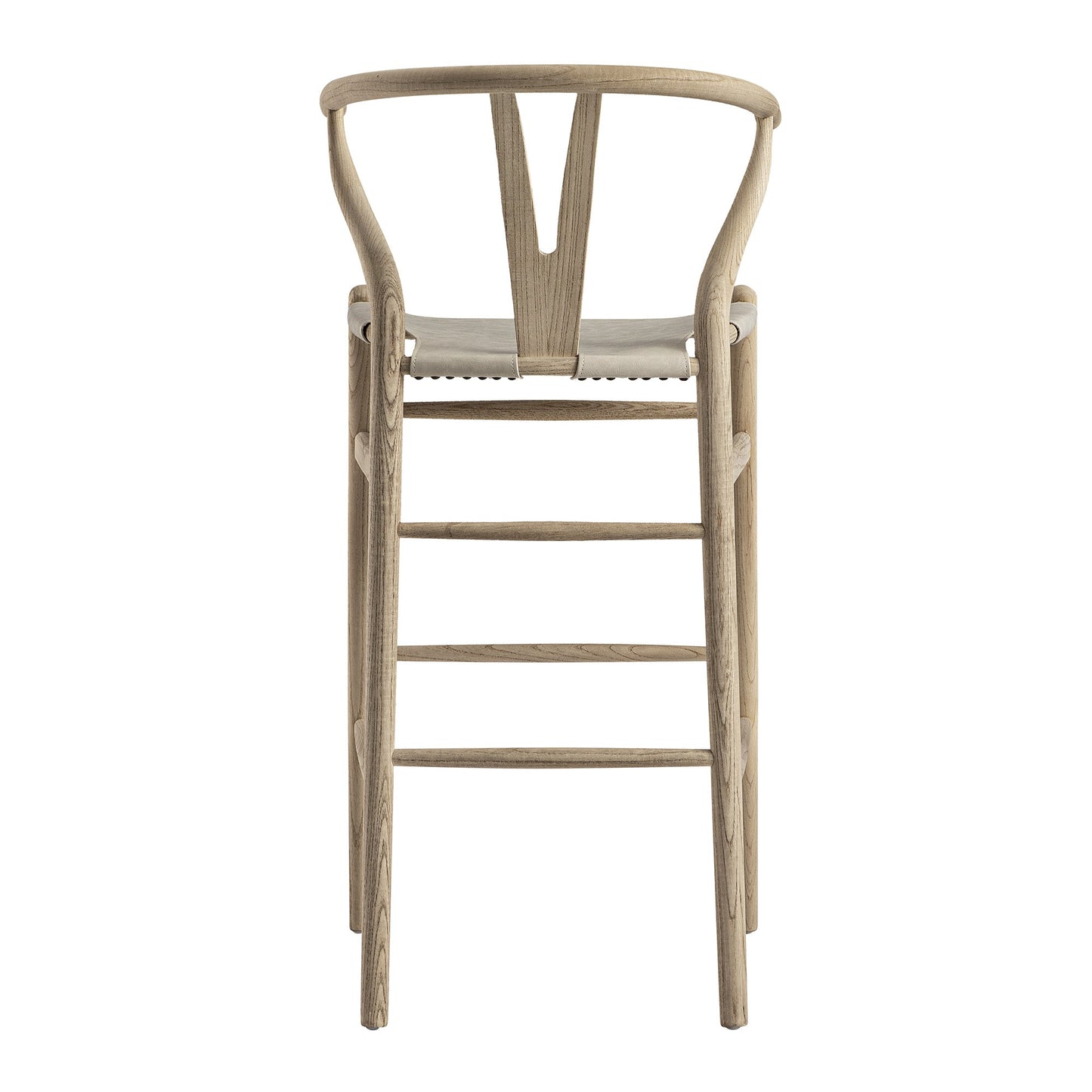 Tabouret de bar Hansel, structure en orme patiné et assise en similicuir gris clair