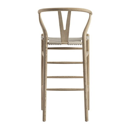 Tabouret de bar Hansel, structure en orme patiné et assise en similicuir gris clair