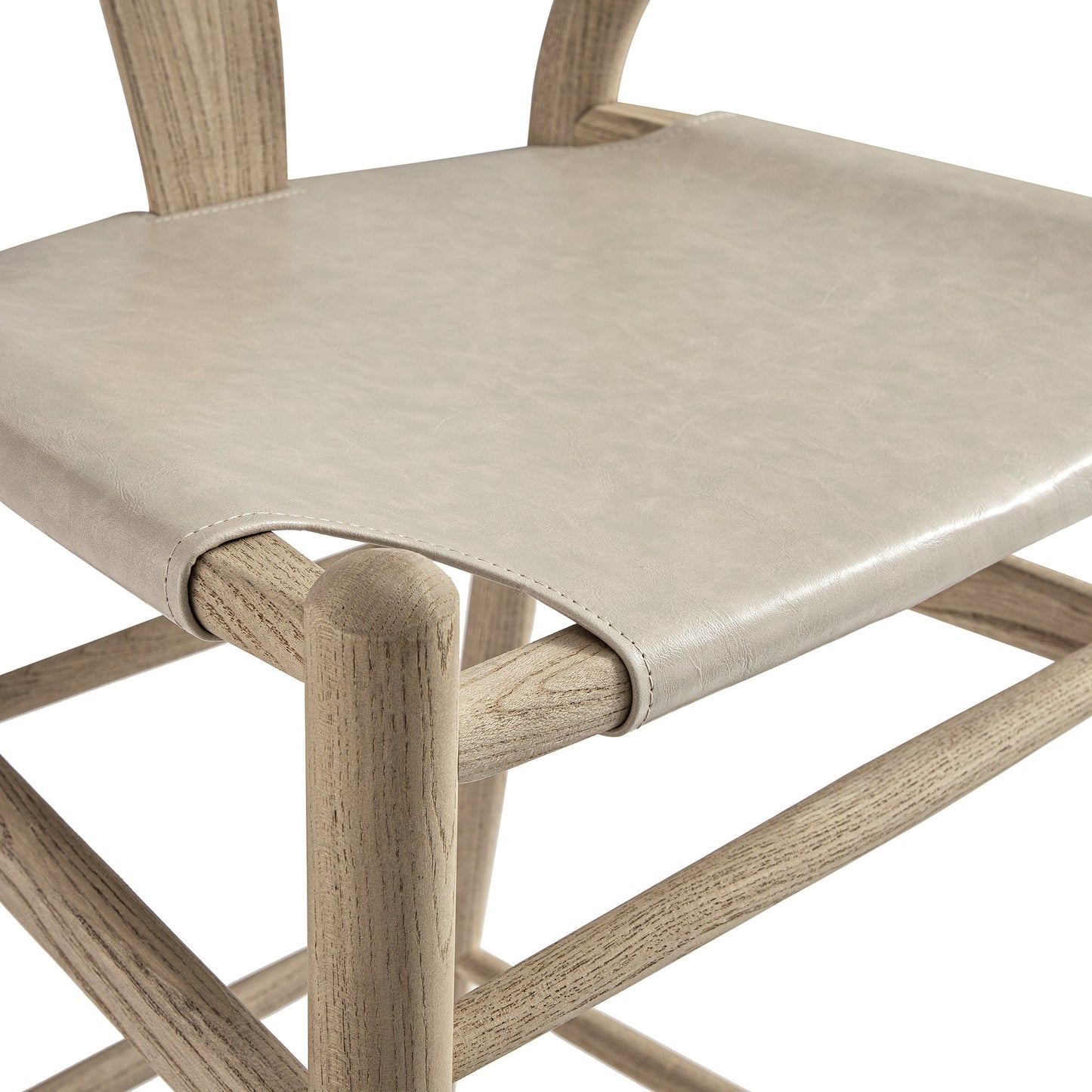 Tabouret de bar Hansel, structure en orme patiné et assise en similicuir gris clair
