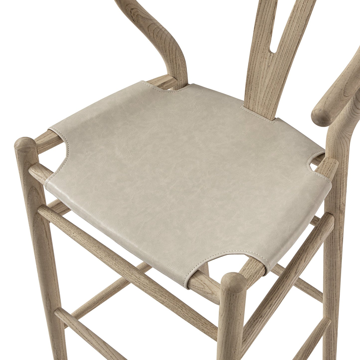 Tabouret de bar Hansel, structure en orme patiné et assise en similicuir gris clair
