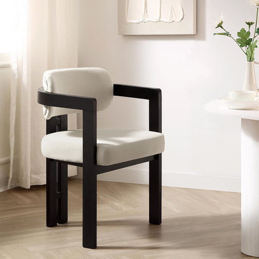 Chaise Stanford incurvée en velours champagne avec cadre en bois noir
