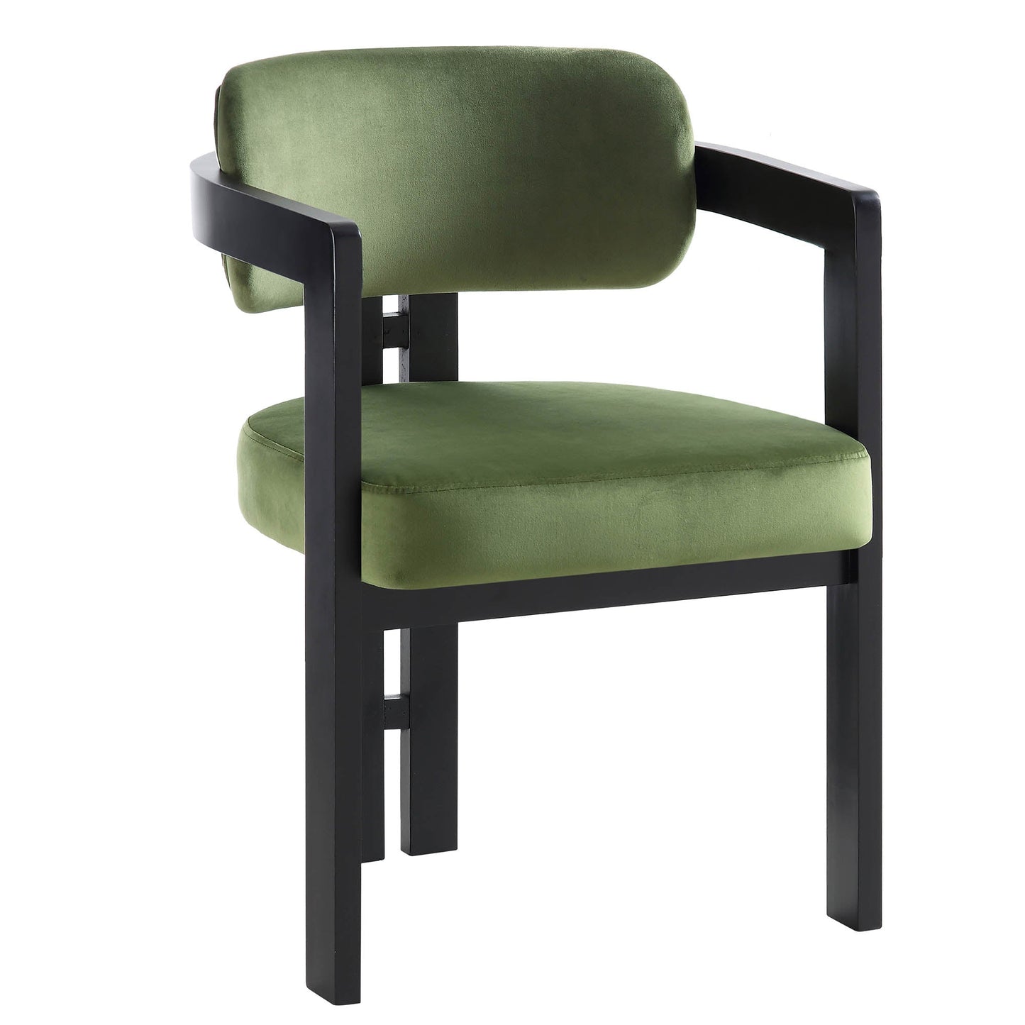 Chaise Stanford incurvée en velours vert mousse avec cadre en bois noir